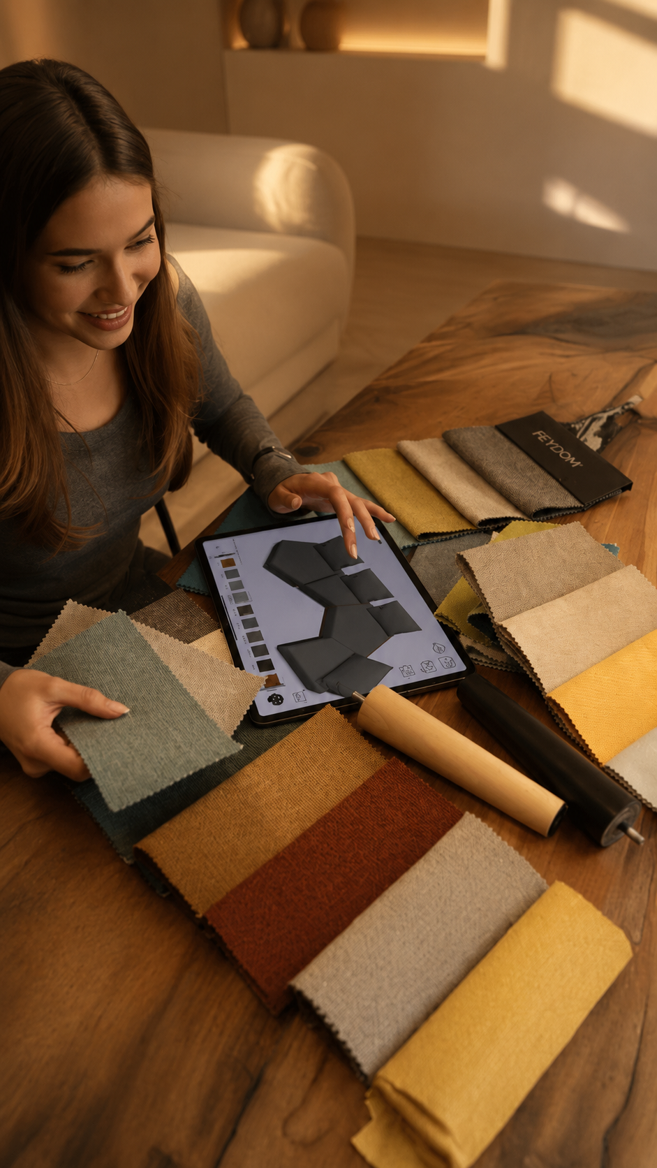 Una donna sfoglia i campioni di tessuto FEYDOM su un tavolo, accanto a lei un tablet con il configuratore